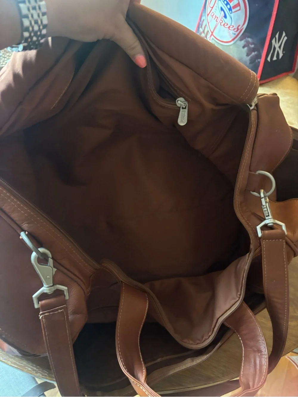 Men's Tan Leather Weekender Duffel Bag with Shoulder Strap